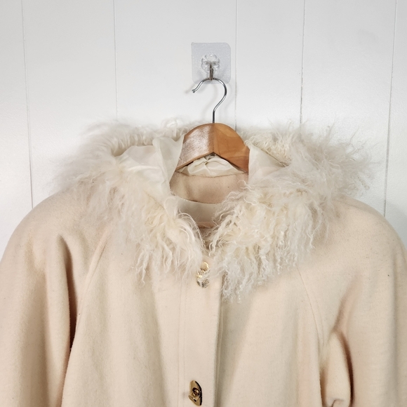 Vintage Cream White Wool Coat Jacket Fuzzy Collar Pockets Hood Lined 1990s 90s - Picture 3 of 13